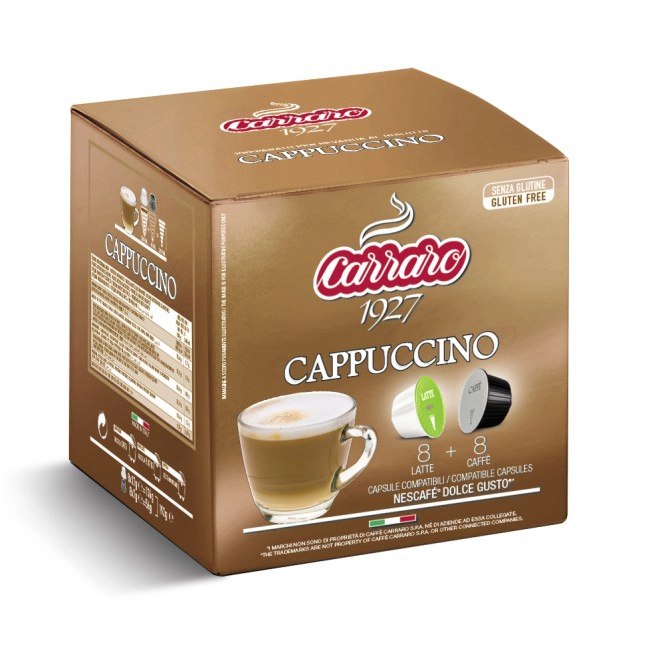 CARRARO, Caffe' Cappuccino 16 vnt. Dolce Gusto kapsulės, 7g CARRARO, Caffe' Cappuccino 16 vnt. Dolce Gusto kapsulės, 7g