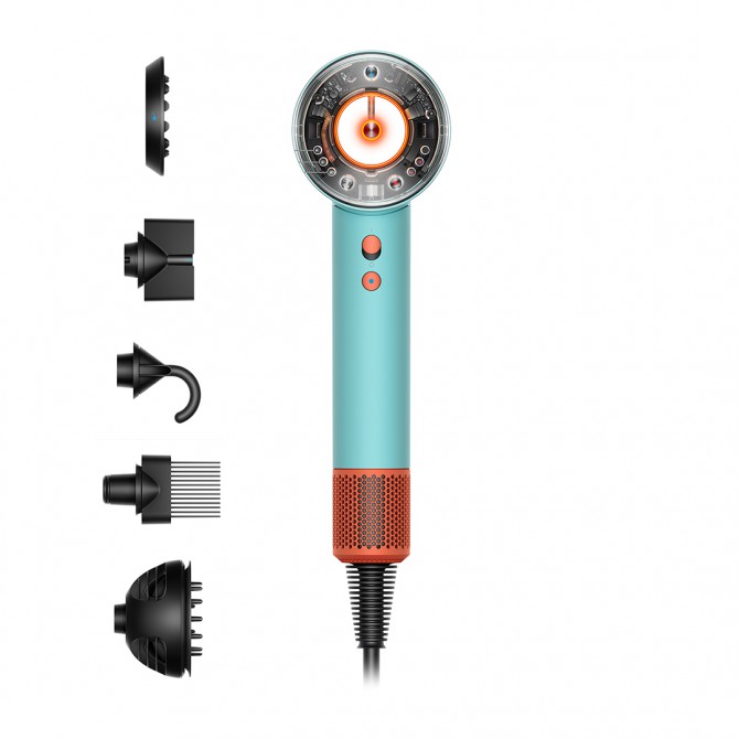 DYSON SUPERSONIC NURAL plaukų džiovintuvas, ceramic/topaz – magnetiniai antgaliai, lengvai keičiami, tinka įvairioms šukuosenoms formuoti.