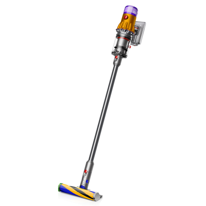 DYSON V12 Slim Detect Absolute belaidis dulkių siurblys - Sidabrinis korpusas su aukso spalvos akcentais aplink variklį ir violetiniu dangteliu viršutinėje dalyje – modernus ir elegantiškas dizainas.
