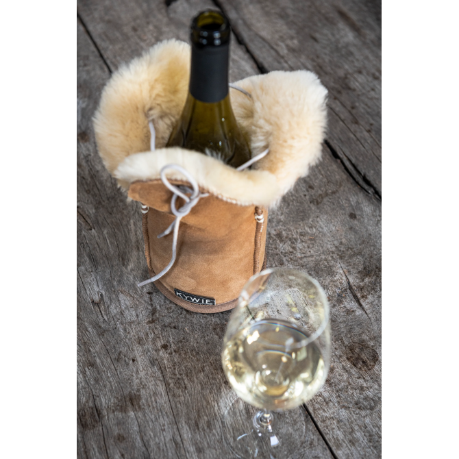 KYWIE vyno butelio šaldiklis iš avies kailio, Champagne camel suede