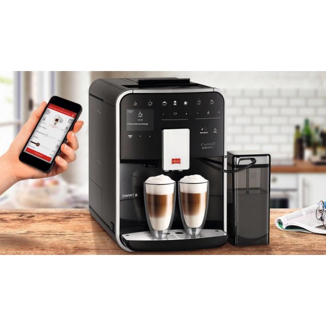 MELITTA BARISTA T SMART automatinis kavos aparatas, juodos spalvos, su bluetooth, galima valdyti skirtingas funkcijas savo išmanioju telefonu