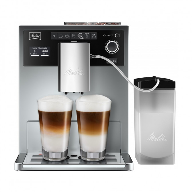 MELITTA CAFFEO CI automatinis kavos aparatas. Pilkos spalvos, inovatyvus ir galingas su dviejų puodelių režimu