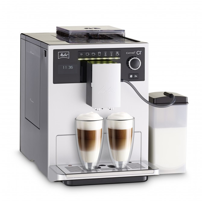 MELITTA CAFFEO CI automatinis kavos aparatas. Pilkos spalvos, inovatyvus ir galingas, lengvai valomas