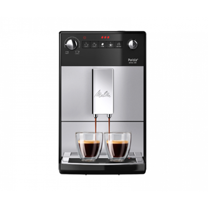 MELITTA PURISTA automatinis kavos aparatas. Pilkos, sidabrinės spalvos, kompaktiškas ir patogus