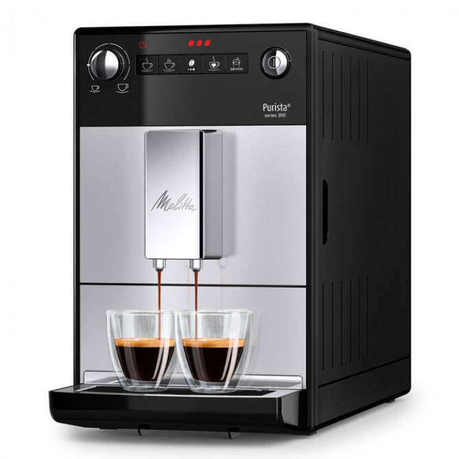MELITTA PURISTA automatinis kavos aparatas. Pilkos, sidabrinės spalvos, kompaktiškas ir patogus, itin siauras automatinis kavos aparatas