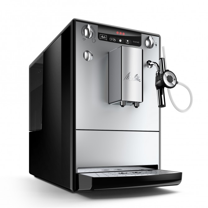 MELITTA SOLO&PERFECT MILK automatinis kavos aparatas, elegantiškas sidabrinis dizainas su 0 vatų jungikliu