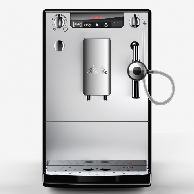 MELITTA SOLO&PERFECT MILK automatinis kavos aparatas, elegantiškas sidabrinis dizainas su reguliuojamo aukščio kavos piltuvėliu