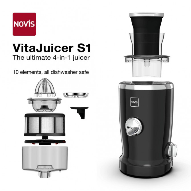 NOVIS Vita Juicer S1 sulčiaspaudė. Juodos spalvos, kompaktiška ir paprasta