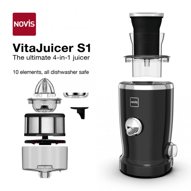 NOVIS Vita Juicer S1 sulčiaspaudė, juoda – lengvai išardomos ir plaunamos dalys, tinkamos plauti ir indaplovėje.