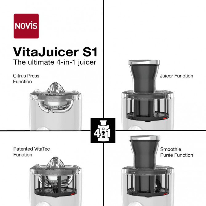 NOVIS Vita Juicer S1 sulčiaspaudė, raudona – lengvai valomas dizainas su nuimamomis dalimis, patogus priežiūrai.