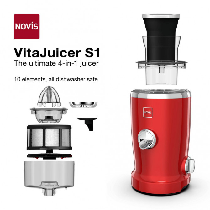 NOVIS Vita Juicer S1 sulčiaspaudė, raudona – unikalus 4-in-1 funkcionalumas, leidžia spausti sultis, minkštimą ir išcentrines sultis.