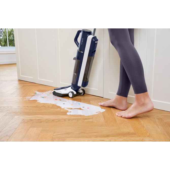 TINECO FLOOR ONE S5 COMBO PLUS belaidis grindų plovimo prietaisas automatiškai reguliuoja siurbimo, vandens srautą ir šepečio riedėjimo greitį, kad pašalintų visus nešvarumus